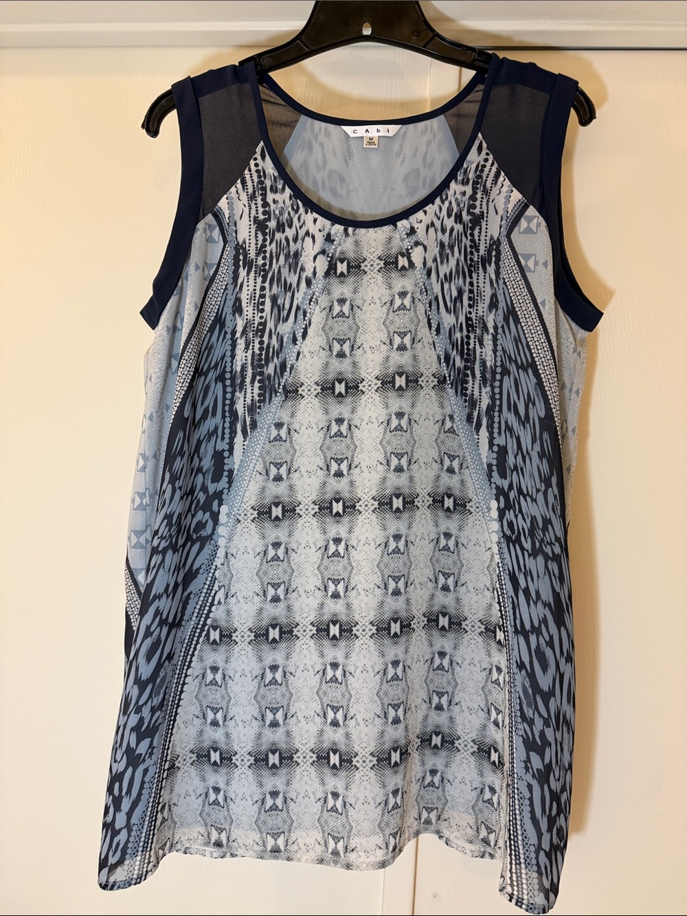 CAbi Navy and Light Blue Printed Sleeveless Tunic - fully lined
